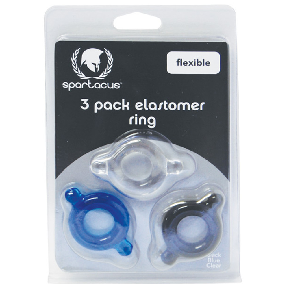 Spartacus Elastomer Cock Ring Set - Black, Blue & Clear Pack of 3