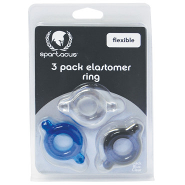 Spartacus Elastomer Cock Ring Set - Black, Blue & Clear Pack of 3