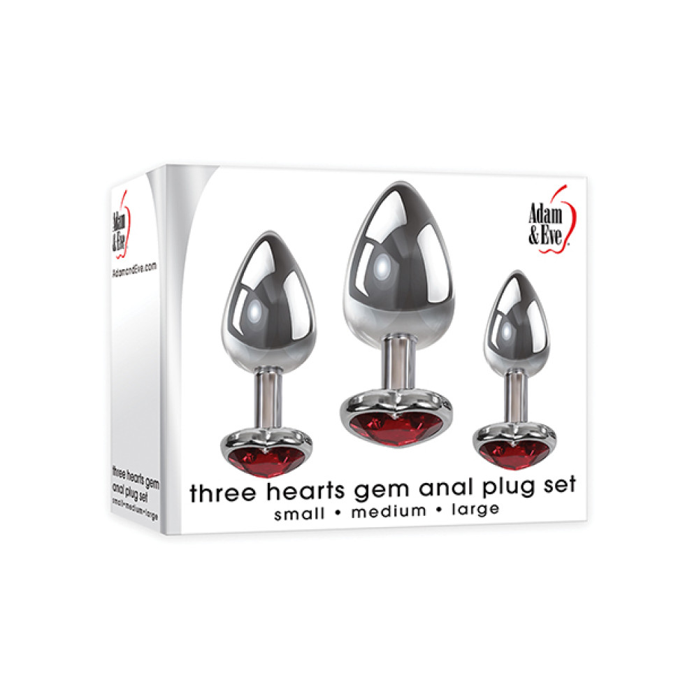 Adam & Eve Three Hearts Gem Anal Plug Set - Silver/Red