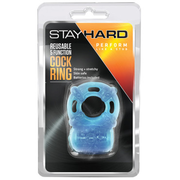 Blush Stay Hard Vibrating Reusable 5 Function Cock Ring - Blue