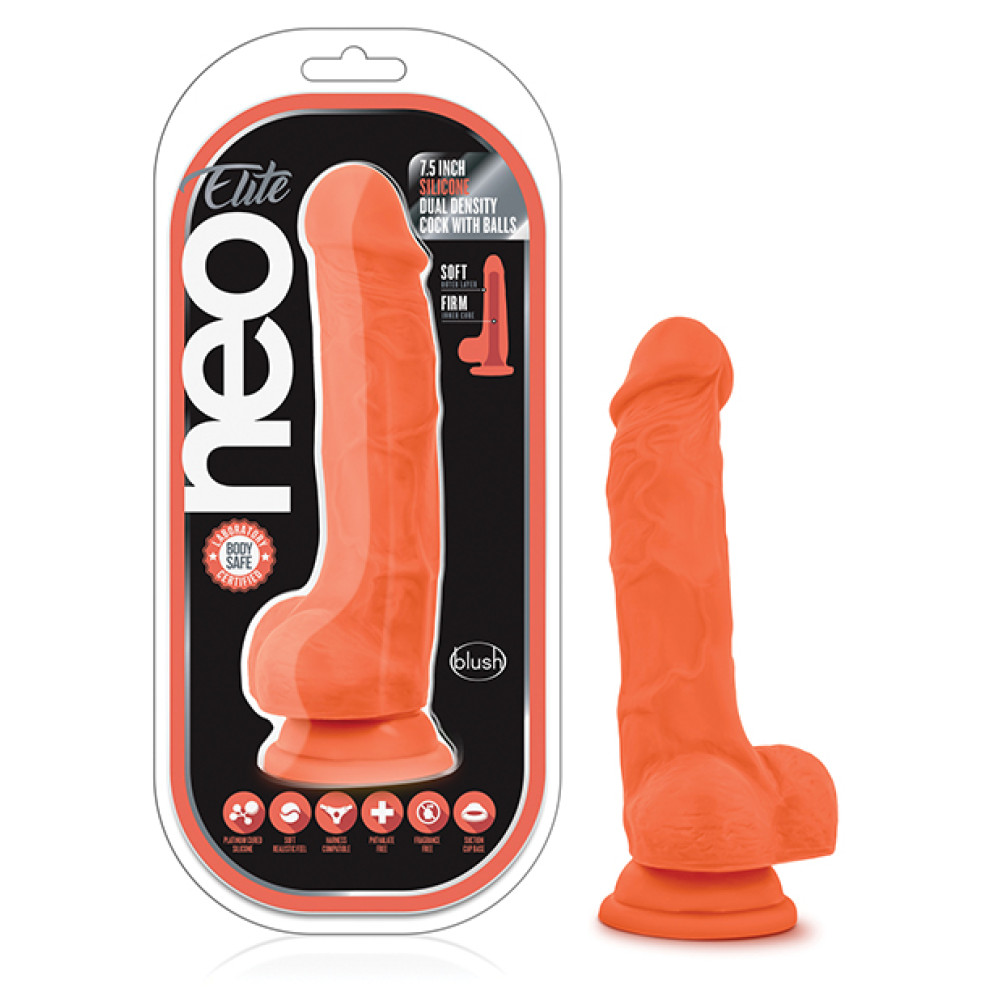 Blush Neo Elite 7.5" Silicone Dual Density Cock w/Balls - Neon Orange