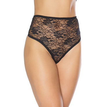 Stretch Lace High Waist Thong Black O/S