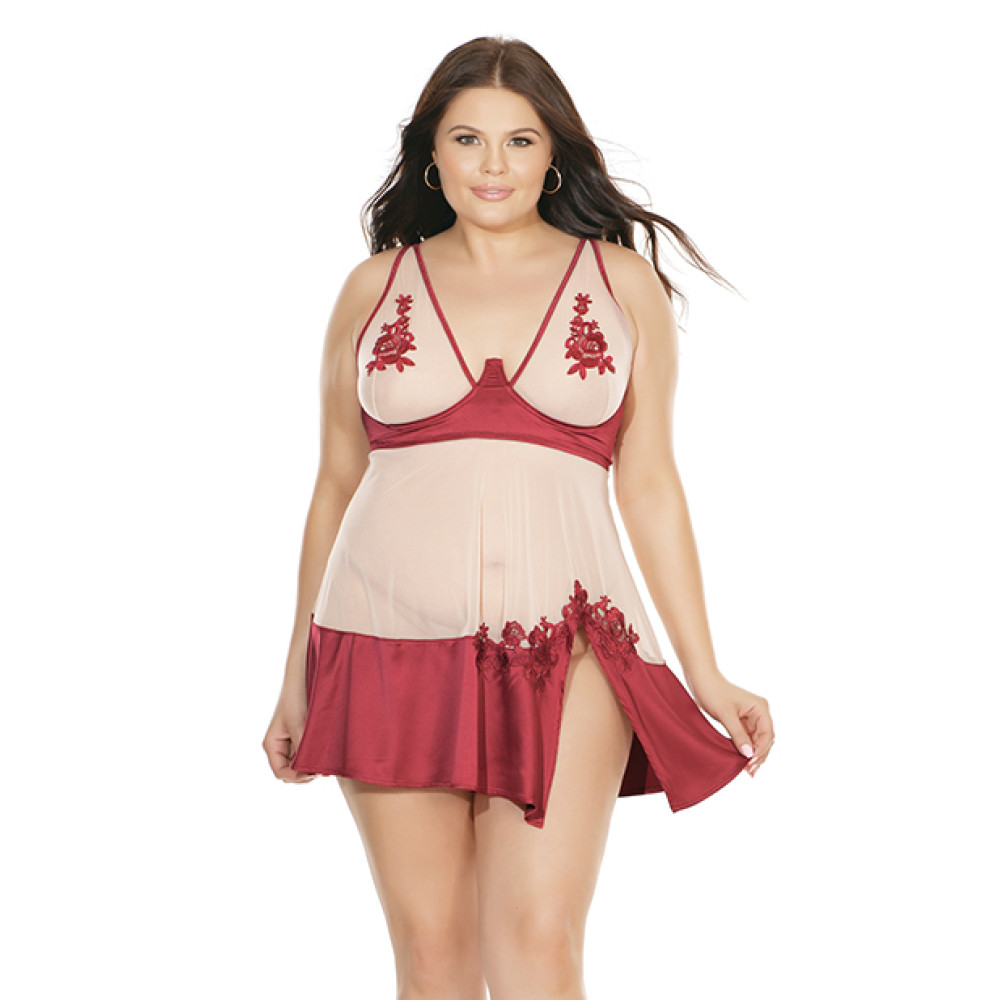 Sheer Nylon & Stretch Satin Babydoll w/Underwire Cups & G-String Merlot/Nude 3X/4X Sheer Nylon & Stretch Satin Babydoll w/Underwire Cups & G-String Merlot/Nude 3X/4X