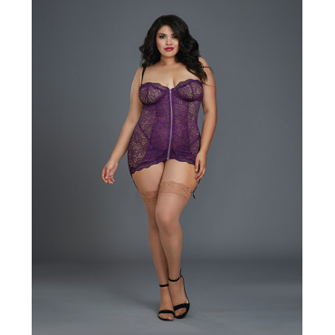 Stretch Lace Garter Slip w/Removable Straps & Attached Side Garters & G-String  Plum 2X