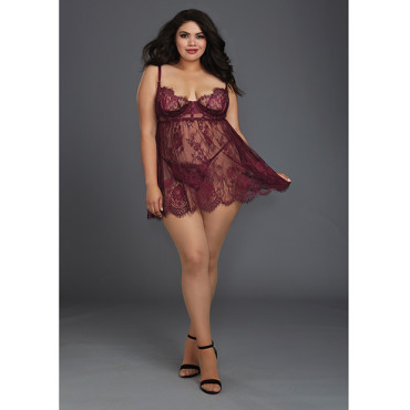 Eyelash Lace Babydoll w/Underwire Cups & Lace Thong Mulberry 2X