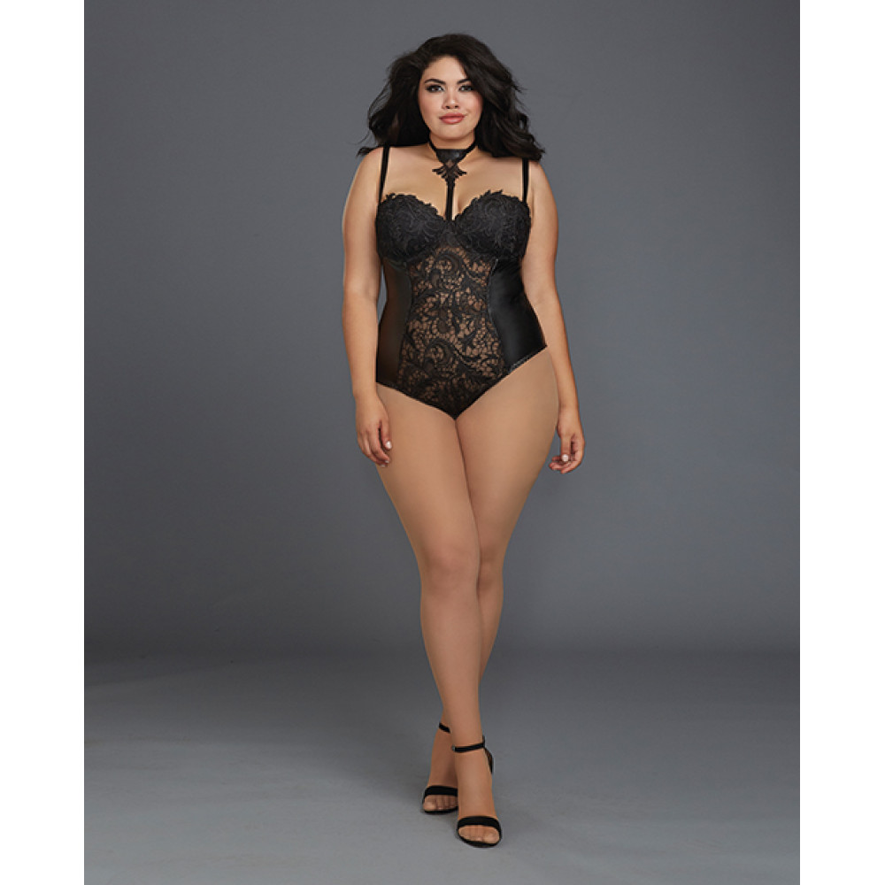 Venice Lace & Stretch Faux Leather Teddy w/Snap Crotch Black 1X