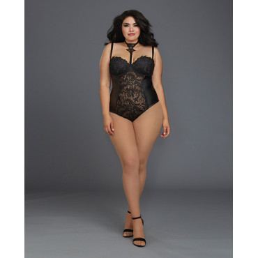 Venice Lace & Stretch Faux Leather Teddy w/Snap Crotch Black 1X