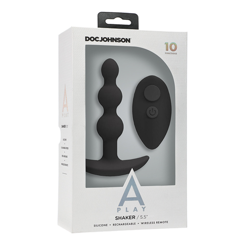A Play Beaded Rechargeable Silicone Anal Plug w/Remote - Black