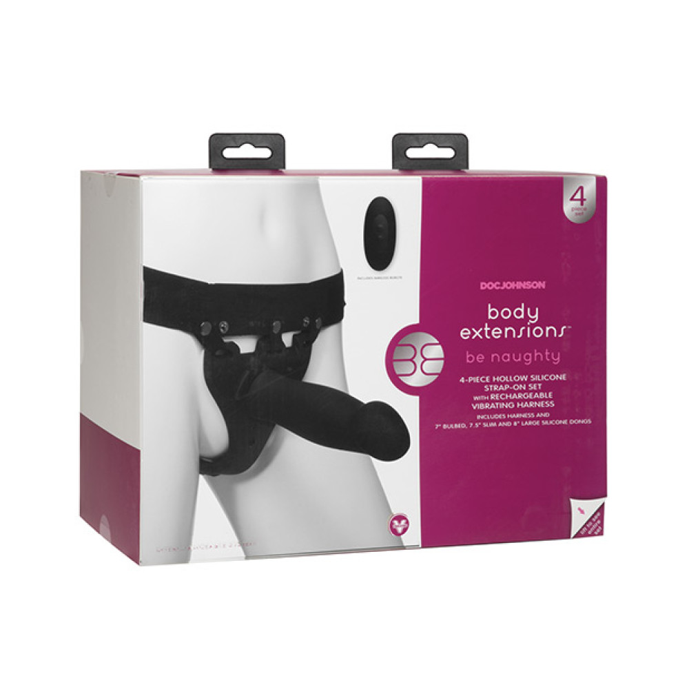Body Extensions Be Naughty Vibrating 4 Piece Strap On Set - Black