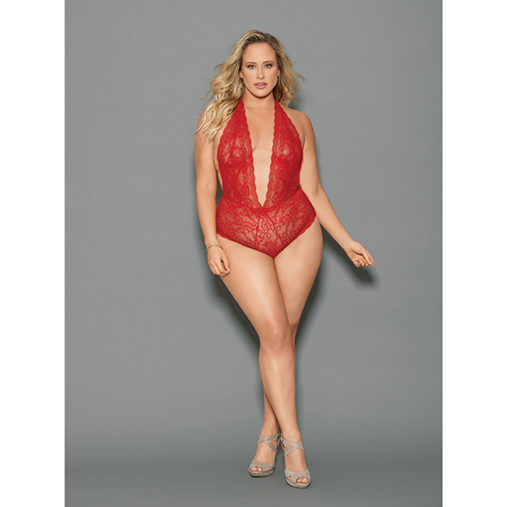 Euphoria Halter Tie Open  Crotch & Butt Teddy Red QN