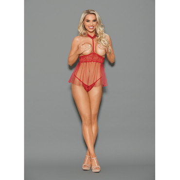 Euphoria Open Top Choker Attached Babydoll w/Open Crotch Panty Red O/S