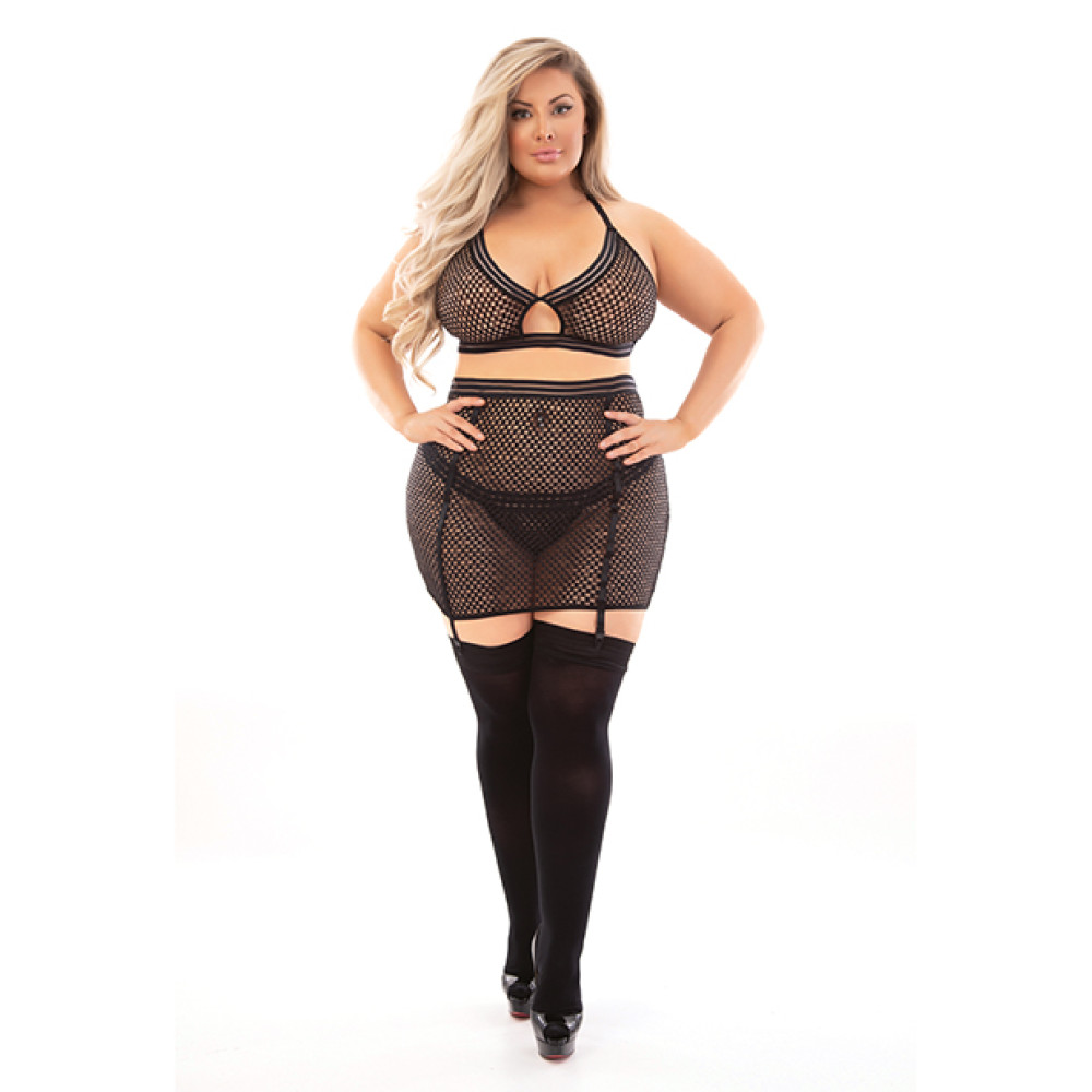 Bold Fetish Fishnet Bra, Skirtini & Hose Black 1X