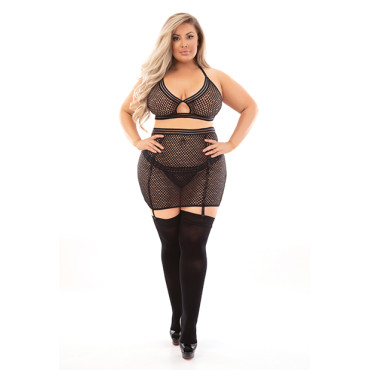 Bold Fetish Fishnet Bra, Skirtini & Hose Black 1X
