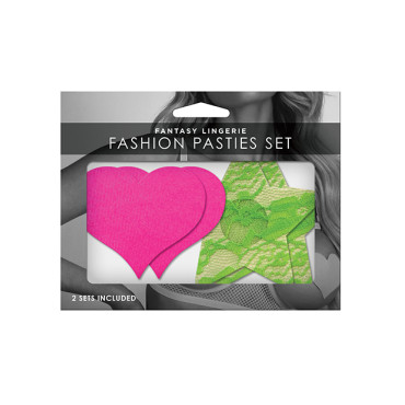 Fantasy UV Reactive Neon Heart & Lace Star Pasties - Pink & Green O/S Pack  of 2