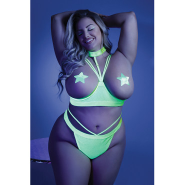 Glow Black Light Harness Open Shelf Bra & Cage Thong (Pasties not Included) Neon Lemon QN