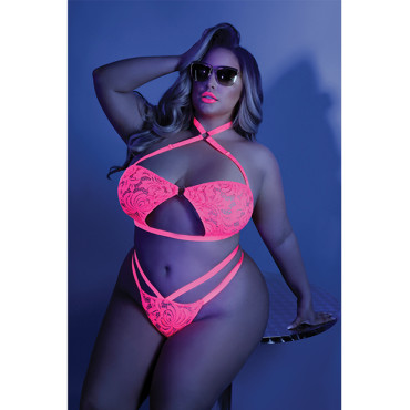 Glow Black Light Halter Bandeau & Cage Panty Neon Pink QN