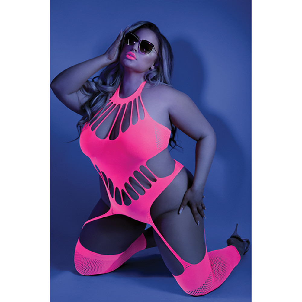 Glow Black Light Footless Teddy Bodystocking Neon Pink QN