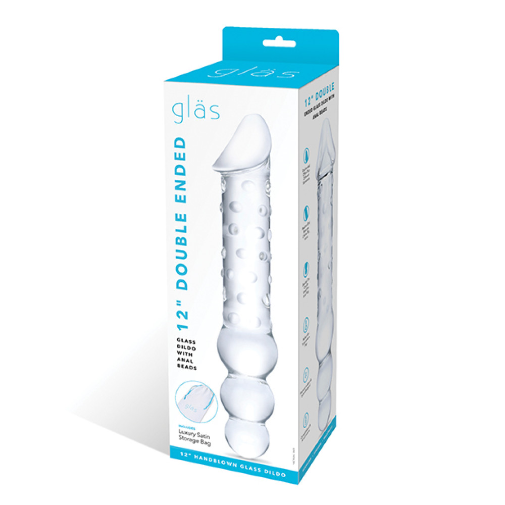 Glas 12" Double Ended Glass Dildo w/Anal Beads - Clear