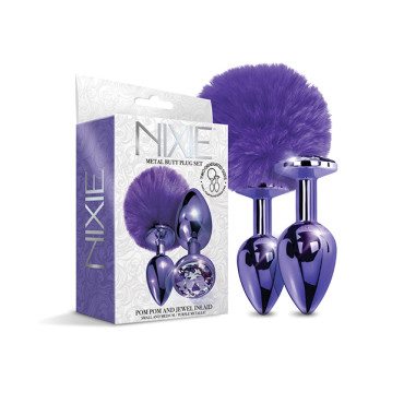 Nixie Metal Butt Plug Set w/Jewel Inlaid & Pom Pom - Purple Metallic