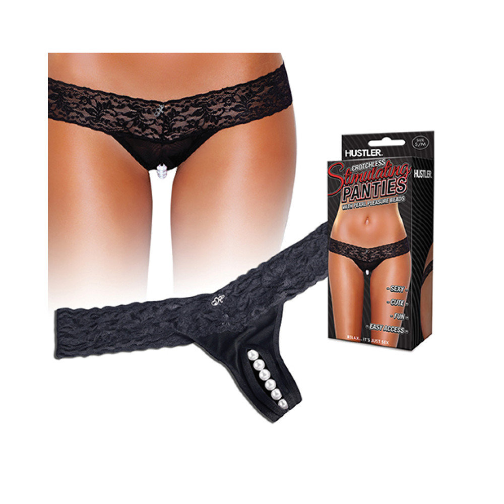 Hustler Stimulating Panties w/Pearl Pleasure Beads Black M/L