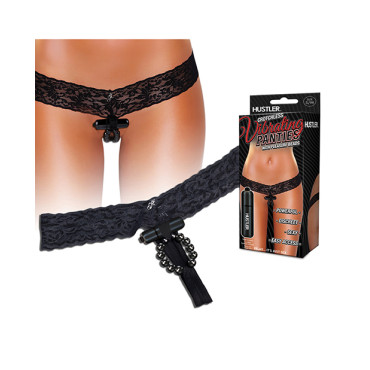 Hustler Vibrating Panties w/Hidden Vibe Pocket, Bullet & Stimulation Beads Black S/M