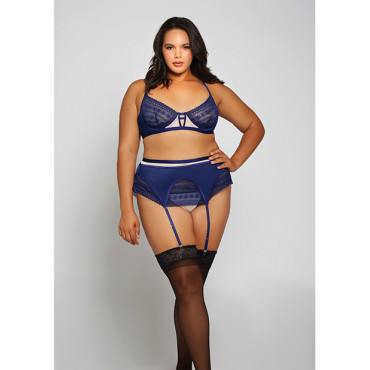 Geometric Lace w/Matte Microfiber Bra, Garter Belt & G-String Navy/Beige 1X