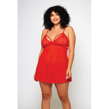 Galloon Lace & Fine Mesh Babydoll & G-String Red 1X