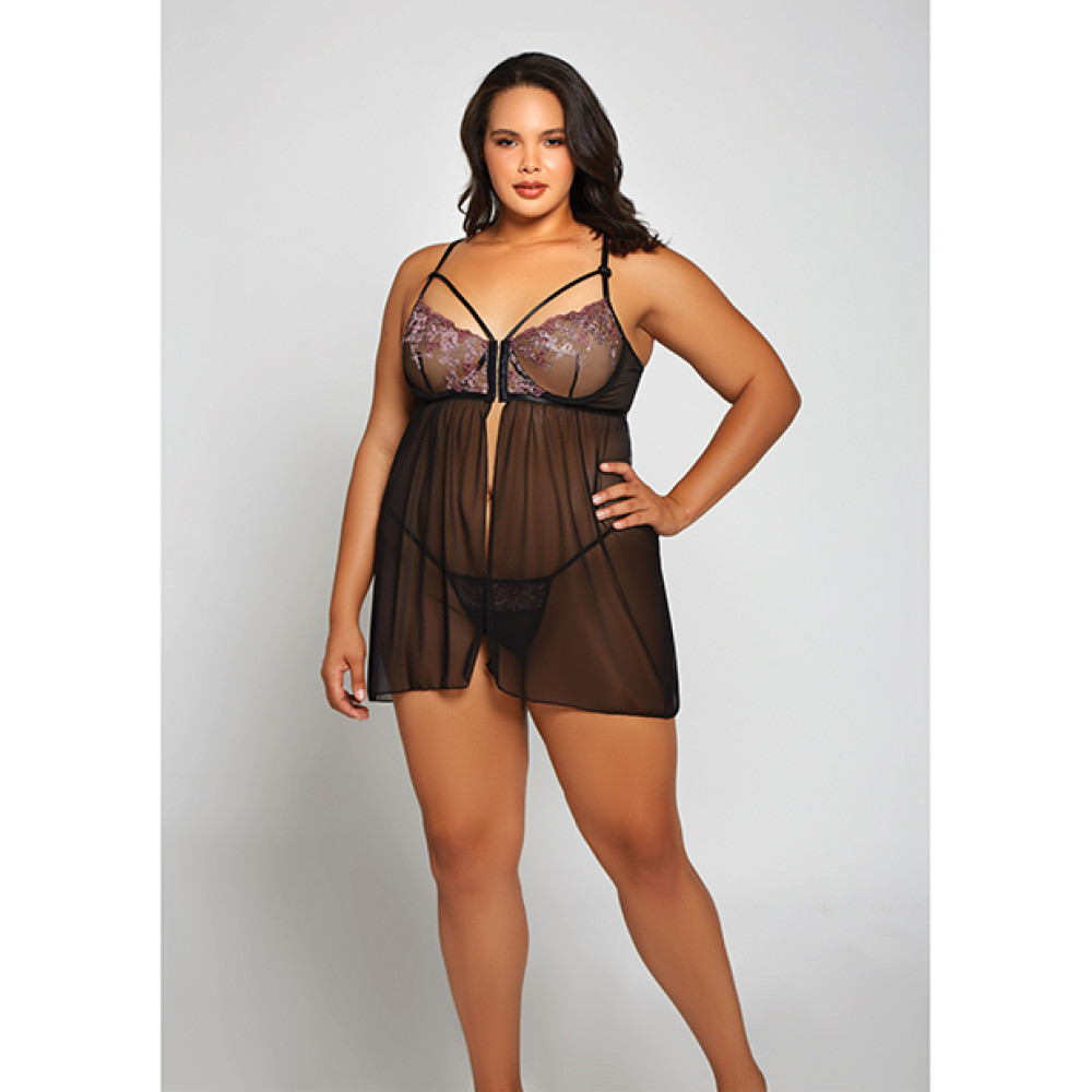 Jacquard Lace, Fine Mesh Babydoll & G-String Fuchsia/Black 2X