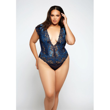 Lace & Mesh Deep V Teddy Blue 2X