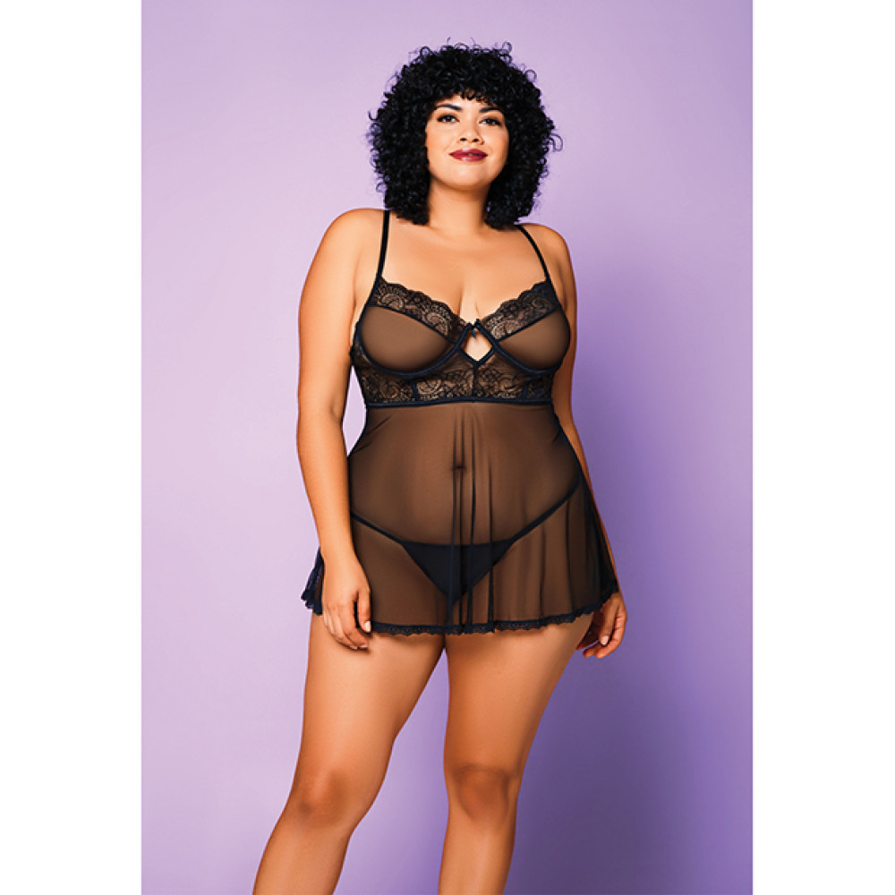 Soft Mesh Babydoll & G-String Black 2X
