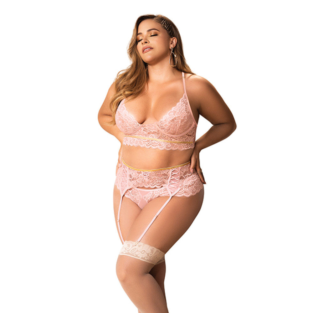 Lace Underwire Bra, Thong & Garterbelt w/Lace Up Detail Rose 1X/2X