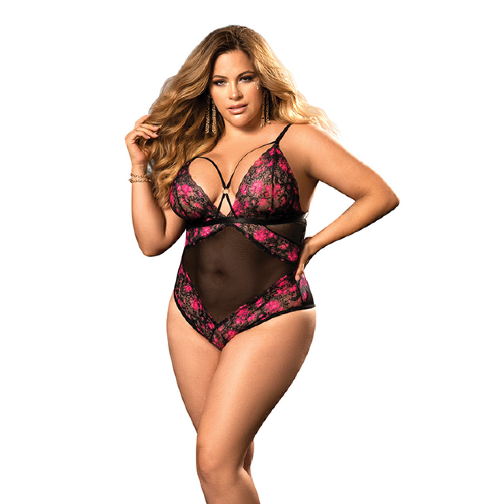 Demi Cup Lace & Mesh Teddy Black/Hot Pink 2X/3X