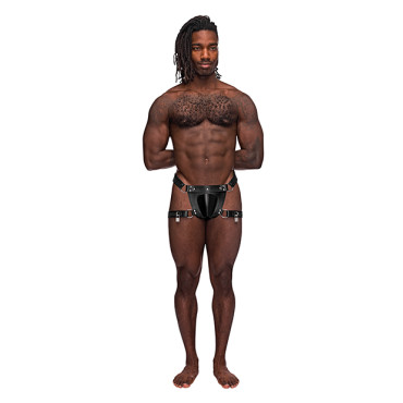 Leather Scorpio Adjustable Waist & Leg Band Thong Black O/S