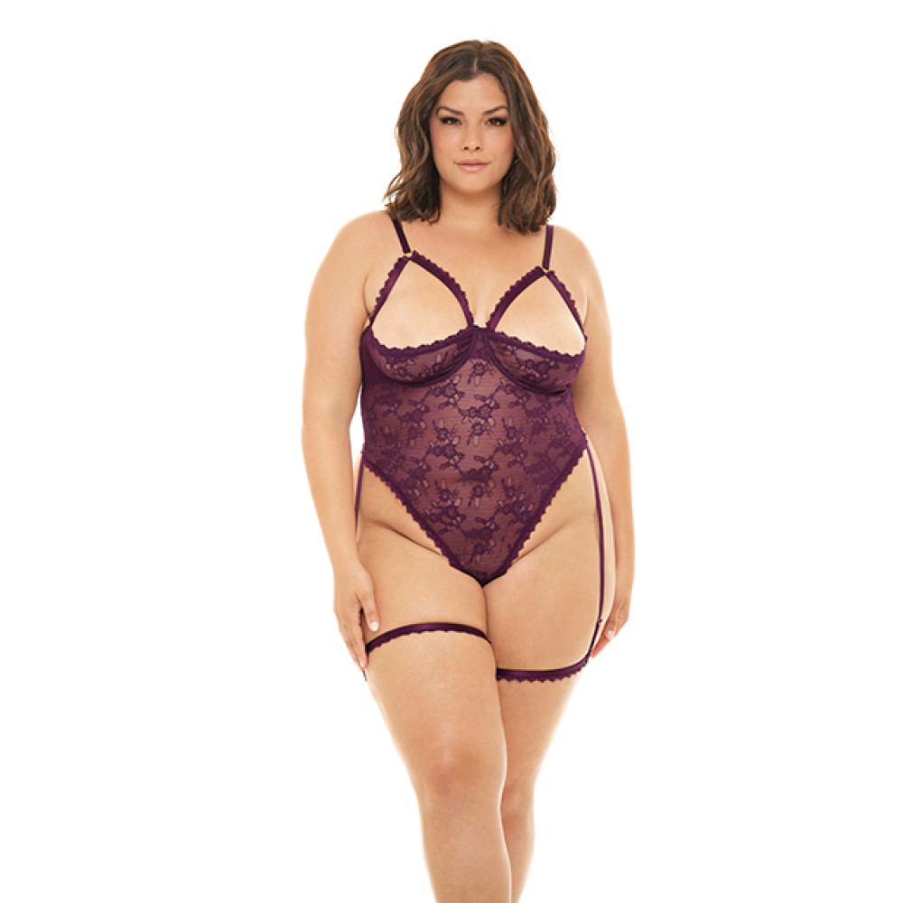Elayne Open Shelf Cup Teddy w/Garter Stays Patent Purple 1X/2X