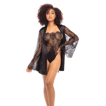 Elishia Satin Robe w/Wide Eyelash Sleeves & Lace Teddy Black L/XL