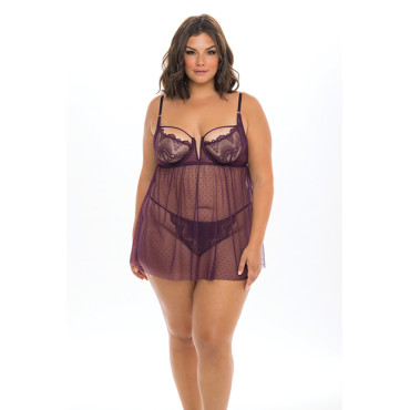 Eve Lace & Pin dot Mesh Babydoll w/G-String Italian Plum 1X
