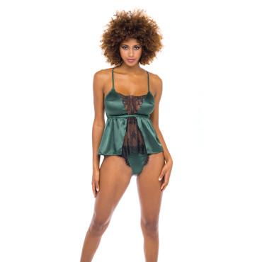 Cammi Eyelash & Satin Cami w/Tanga Panty Dark Green/Black L/XL
