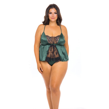 Cammi Eyelash & Satin Cami w/Tanga Panty Dark Green/Black 3X/4X