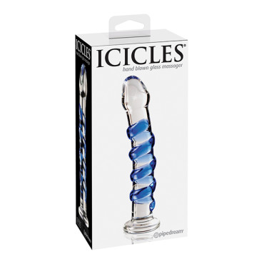 Icicles No. 5 Hand Blown Glass Massager - Clear w/Blue Swirls