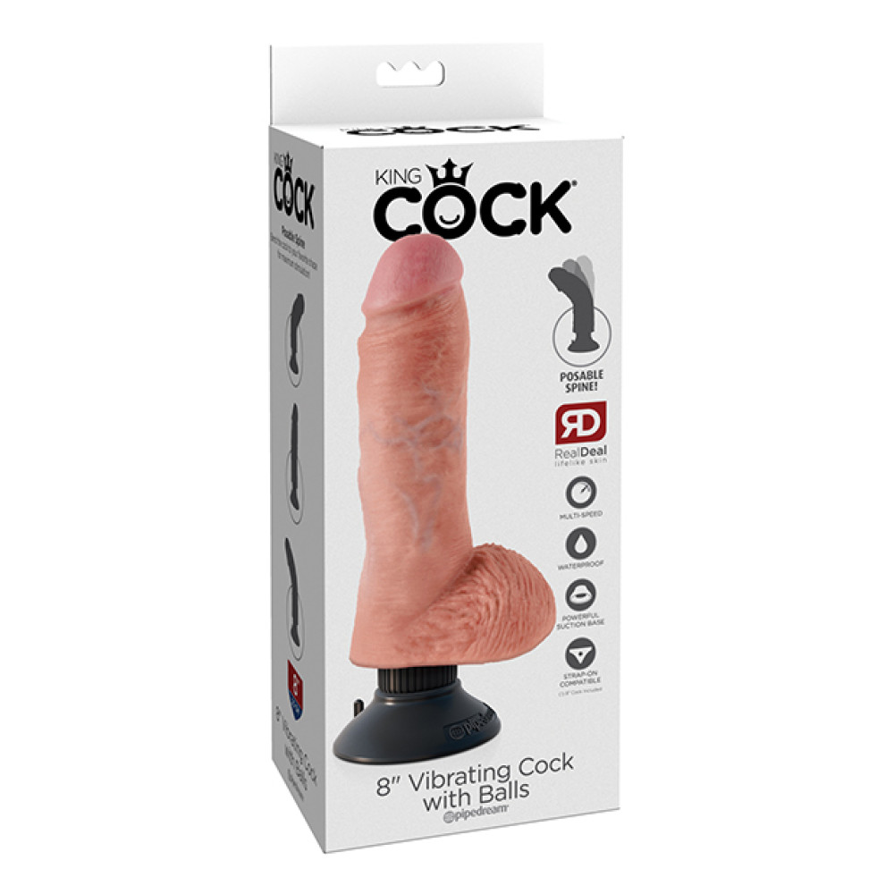 King Cock 8" Vibrating Cock w/Balls - Flesh