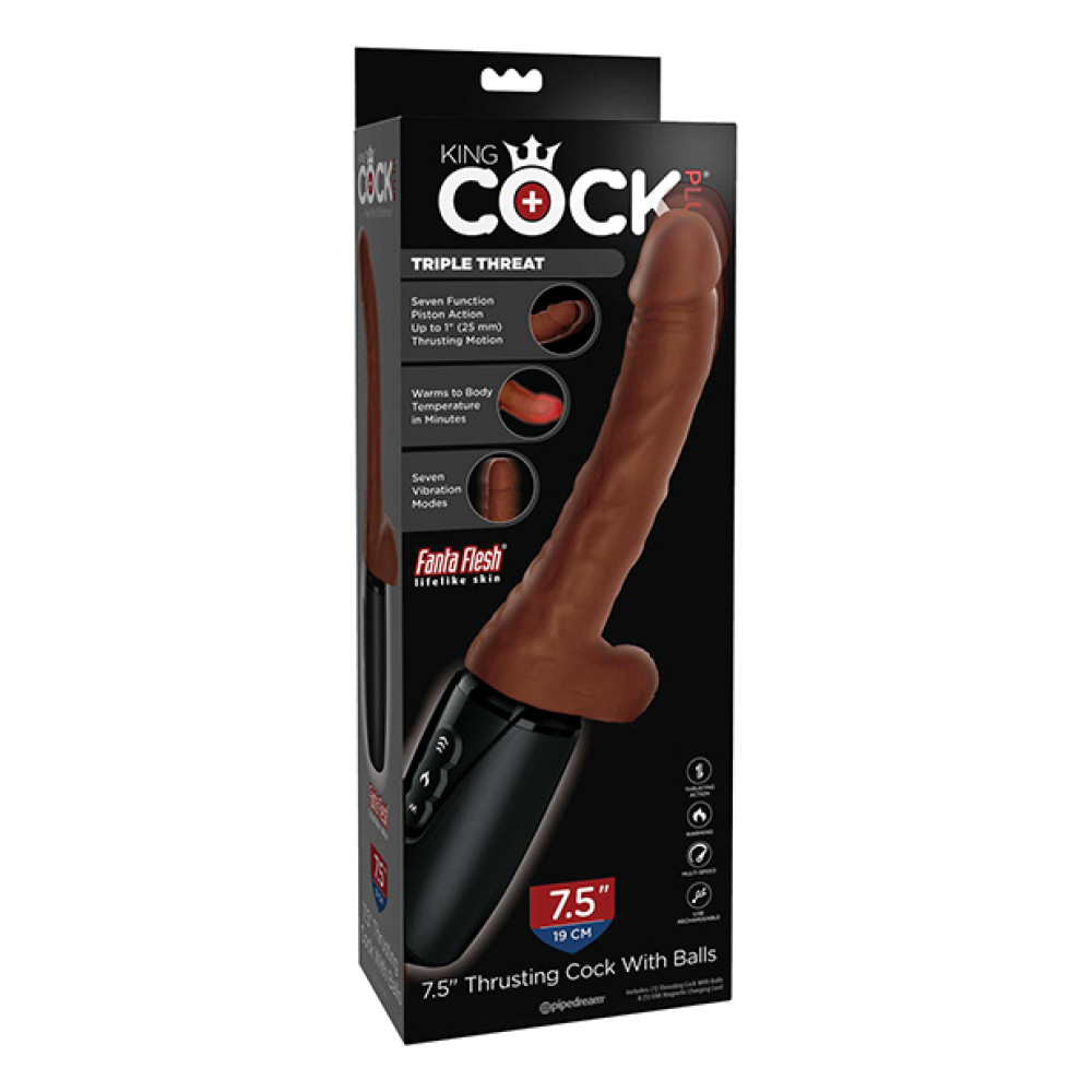 King Cock Plus Thrusting, Warming & Vibrating  7.5" Triple Threat Dong - Brown