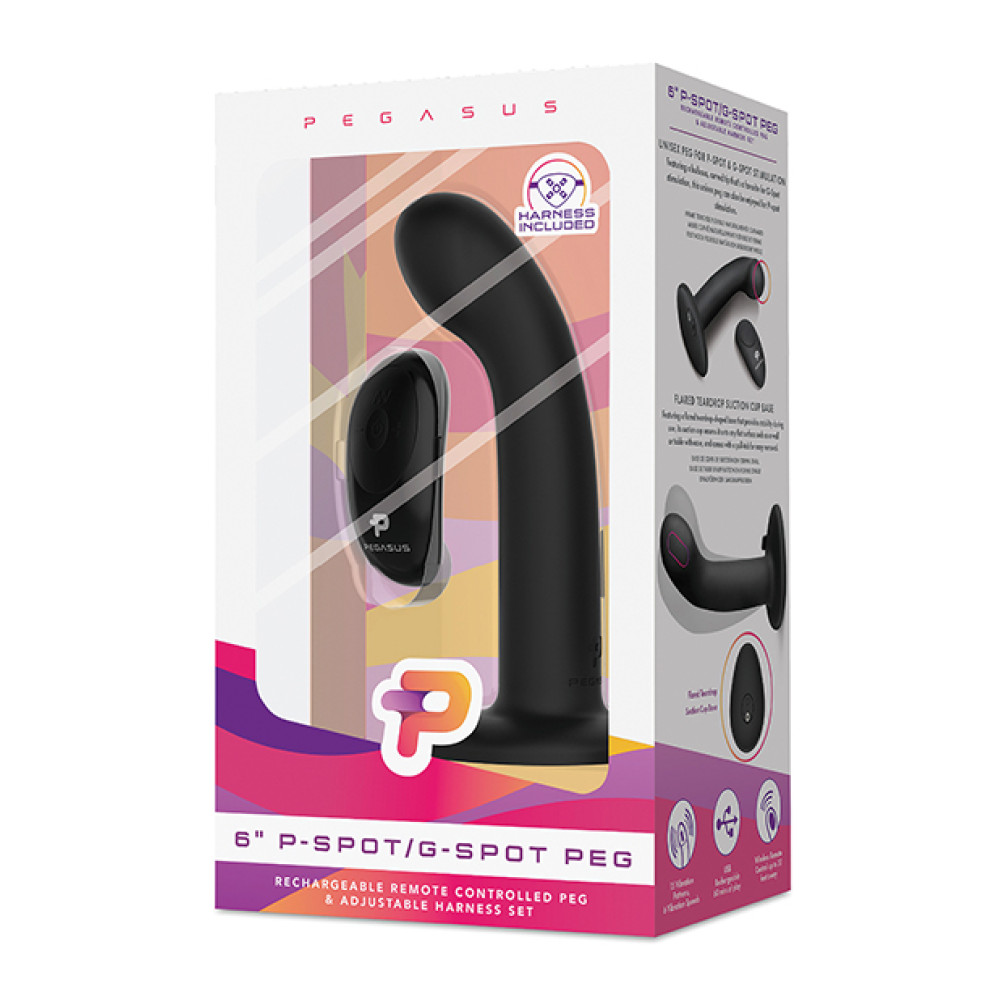 Pegasus 6" Rechargeable P-Spot G-Spot Peg w/Adjustable Harness & Remote Set - Black Pegasus 6" Rechargeable P-Spot G-Spot Peg w/Adjustable Harness & Remote Set - Black