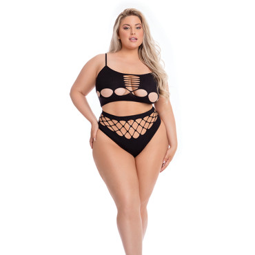 Pink Lipstick Neon Dreams Bra & High Waist Thong Black QN