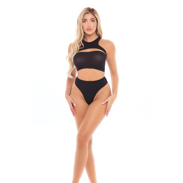 Pink Lipstick Divine Bandeau, Harness Top, & High Waist Thong Black O/S