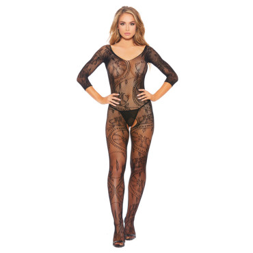 Fishnet & Patterned Open Crotch Bodystocking Black O/S