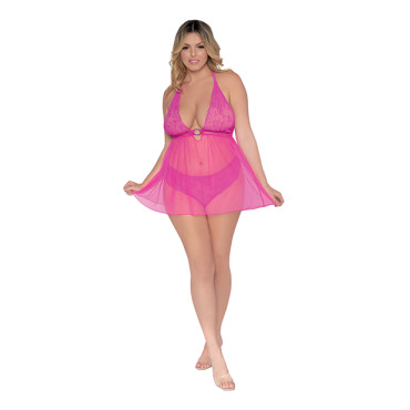 Simply Sexy Scalloped Stretch Lace & Mesh Halter T-Back Babydoll Paradise Pink QN