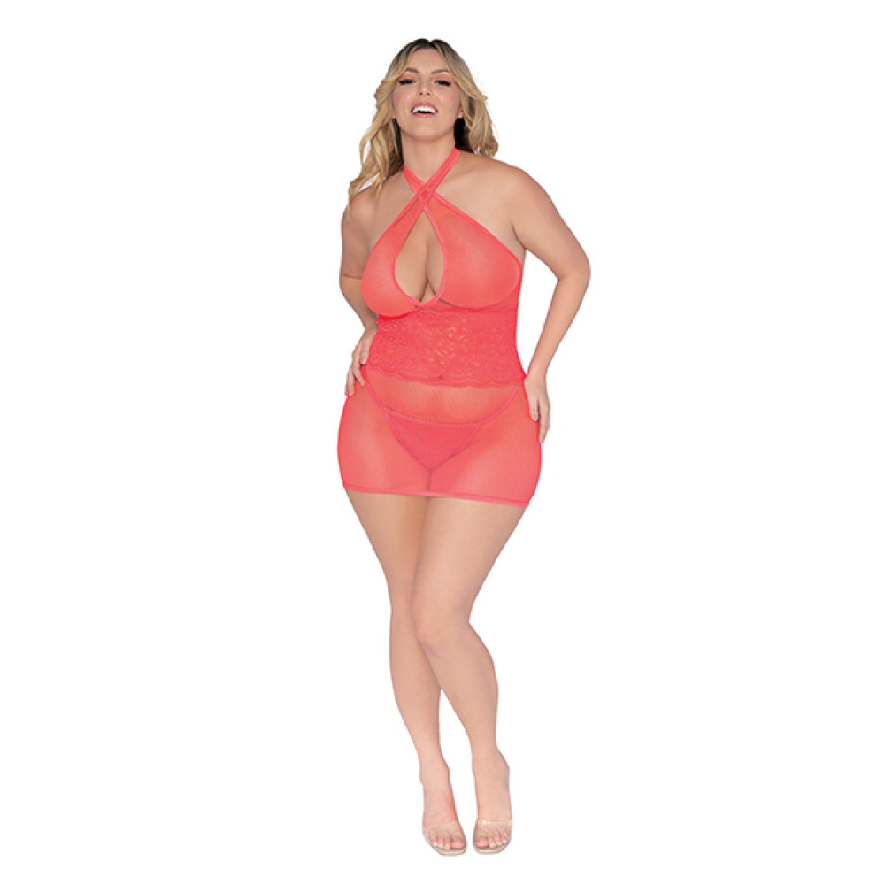 Simply Sexy Stretch Fishnet & Lace Chemise w/Open Back & G-String Coral QN Simply Sexy Stretch Fishnet & Lace Chemise w/Open Back & G-String Coral QN