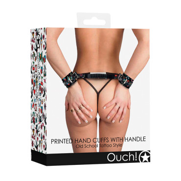 Shots Ouch Old School Tattoo Style Printed Handcuffs w/Handle - Black