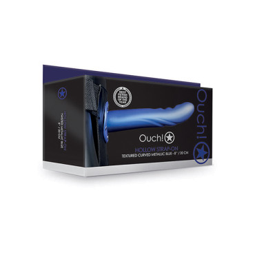 Shots Ouch 8" Textured Curved Hollow Strap On - Metallic Blue