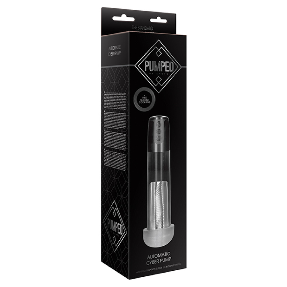 Shots Pumped Automatic Cyber Pump Masturbation Sleeve w/Free Silicone Cock Ring - Clear
